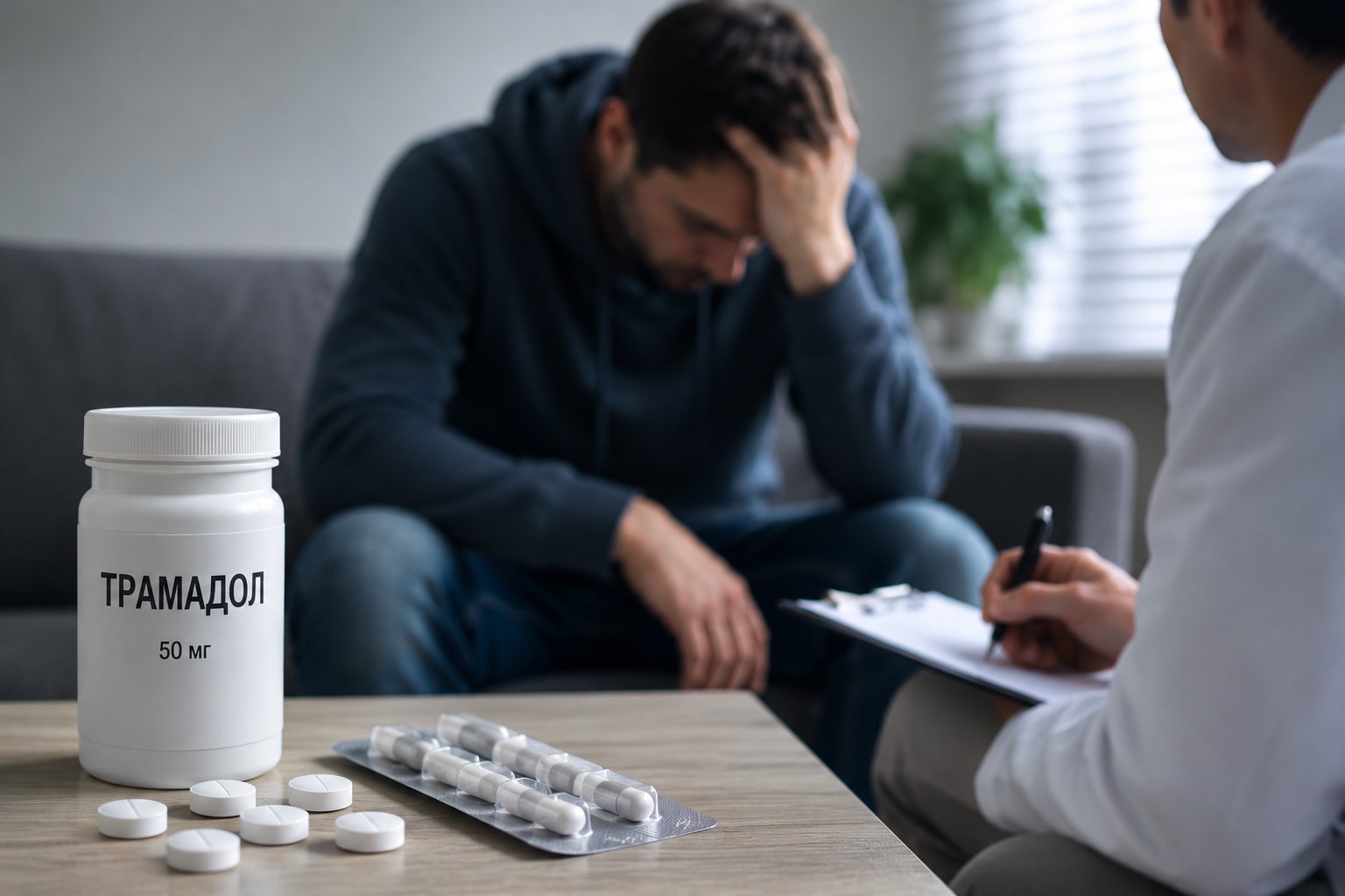 Пациент на консультации у врача-нарколога, на переднем плане упаковка препарата, лечение зависимости от трамадола.